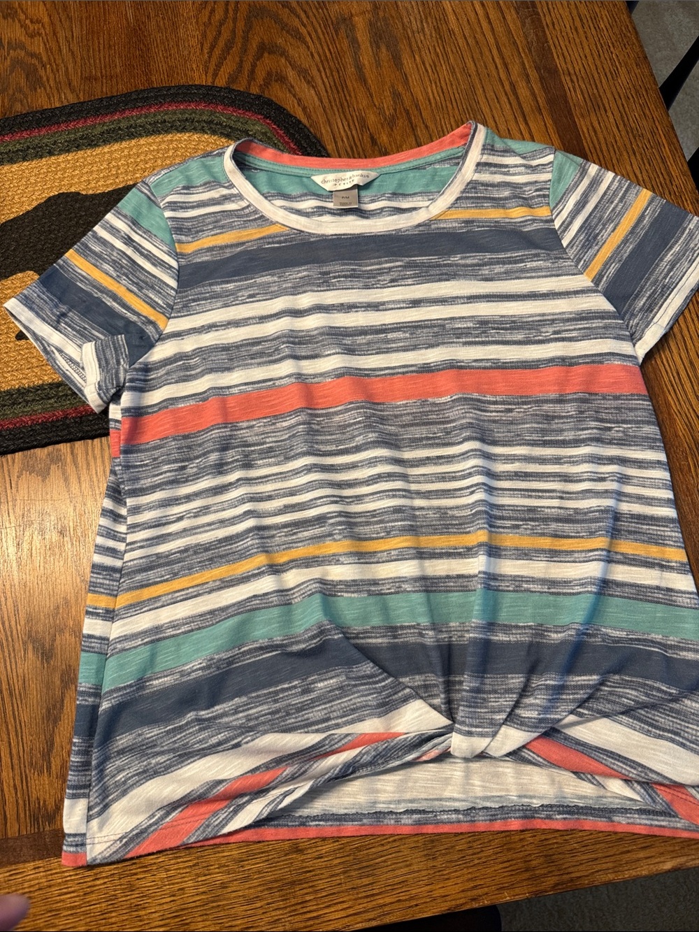 Christopher & Banks Petite Striped Tee with Coral & Mint Trim